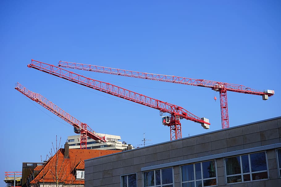 Construction Cranes, site, construction work, red, laying out HD wallpaper