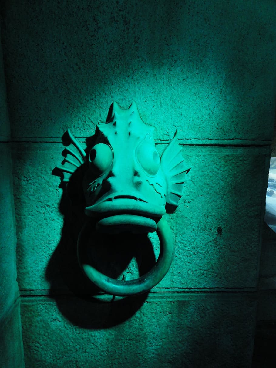 Fish, Decorative, Turquoise, door knocker, statue, stonework HD wallpaper