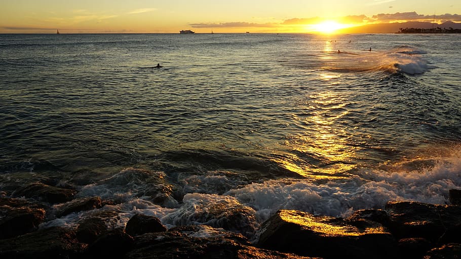 beach, wave, sea, water, ocean, nature, sunset, horizon, sky HD wallpaper
