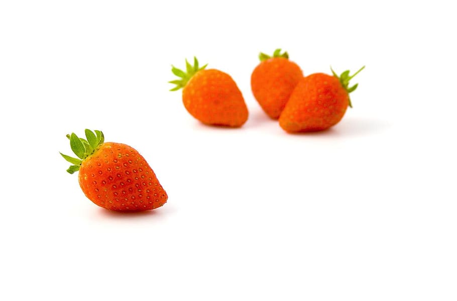 four strawberries on white surface, strawberry, fruit, red HD wallpaper