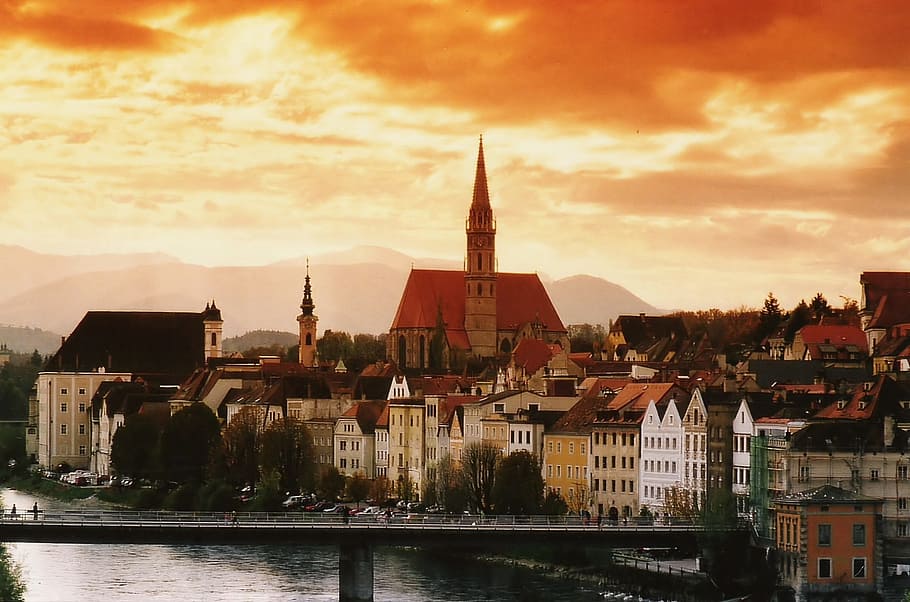 steyr, austria, city, sunset, clouds, enns, river, bridge, upper austria HD wallpaper
