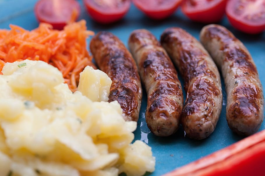 bratwurst, sausage, grill sausages, meat, barbecue, heat, stainless, HD wallpaper