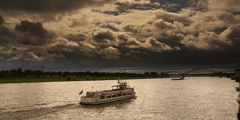 rhine, ship, shipping, river, cologne, clouds, clouded sky HD wallpaper