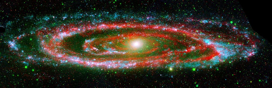 red and green galaxy illustration, andromeda, spiral, cosmos HD wallpaper