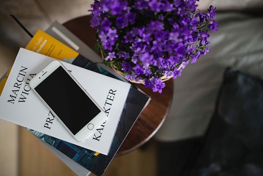 Books and purple flowers on a wooden stool by the bed, flora HD wallpaper