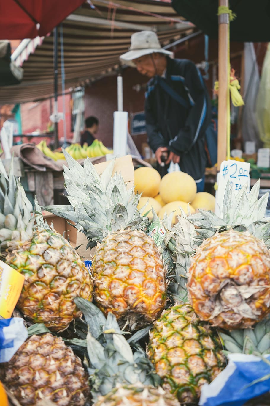 beach, fruit, fruits, hat, man, market, melon, pineapple, pineapples HD wallpaper