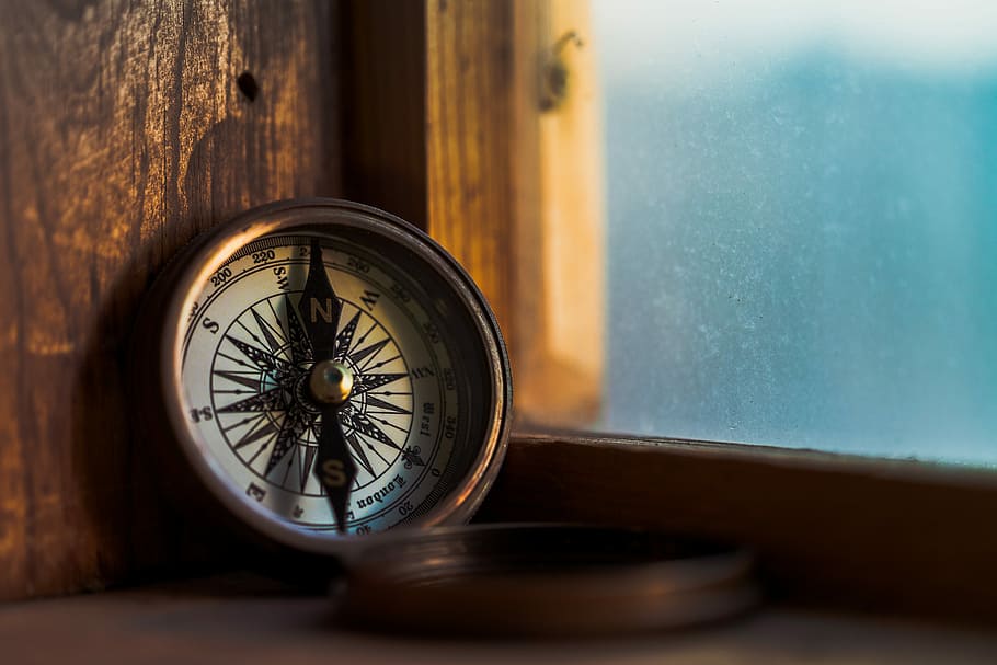round white compass, tilt shift lens photography of compass, window HD wallpaper