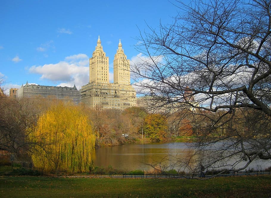 beige building view from across lake, central park, manhattan HD wallpaper