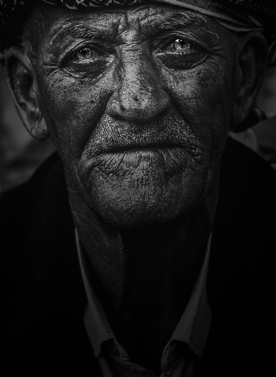 grayscale photography of man wearing dress, old man, portrait