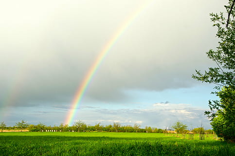 rainbow, clouds, sun, sky, nature, mood, landscape, weather phenomenon HD wallpaper