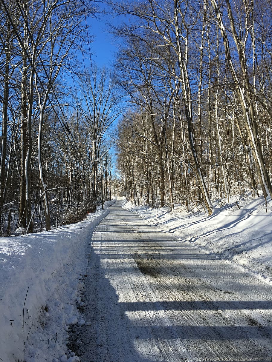 road, winter, snow, sky, trees, forest, scene, nature, seasons HD wallpaper