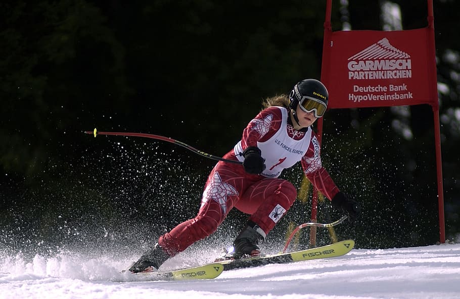 woman wearing snow goggles and red jumpsuit, skier, downhill HD wallpaper