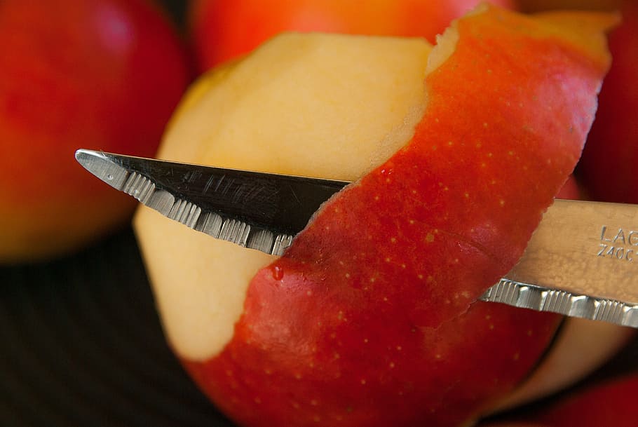 red apples skinned, knife, fruit, peel, food and drink, close-up HD wallpaper