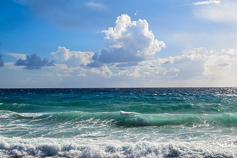 blue and teal ocean during daytime, seascape, waves, sky, clouds HD wallpaper