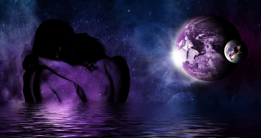 body of water under purple planet with moon rotating wallpaper, HD wallpaper