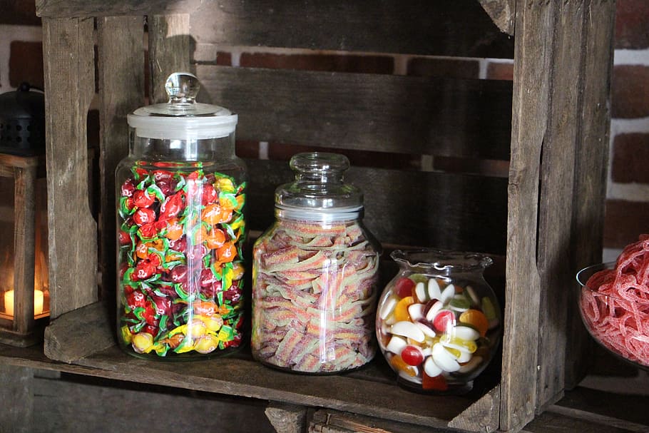 three assorted gummies in jars, snack, candy-bar, sweet, deco HD wallpaper