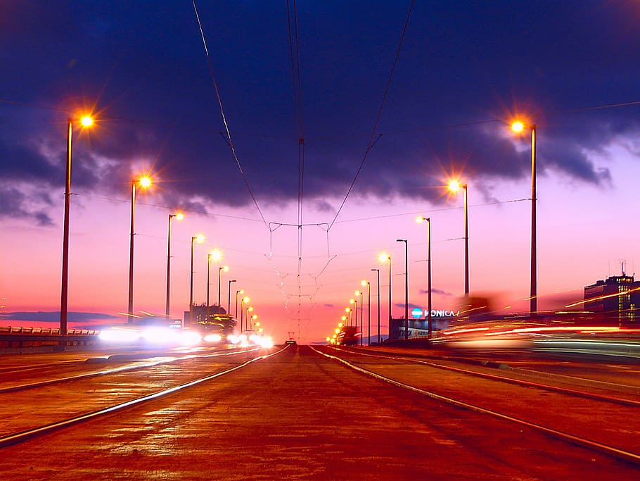 budapest, sunset, bridge, tram, lanterns, traffic, road, transportation HD wallpaper