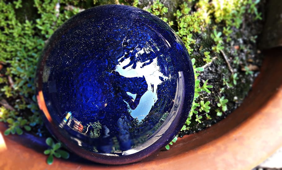 sphere, ornament, garden, spherical, the ball, blue, nature HD wallpaper