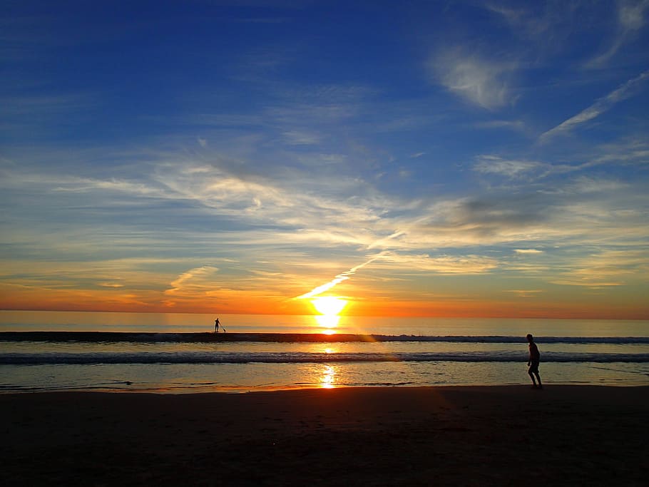 Sunset, Twilight, Beach, Ocean, Clouds, seaside, seascape, walkers HD wallpaper