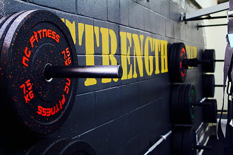 black weight plates hanged on wall, gym, weights, strength HD wallpaper
