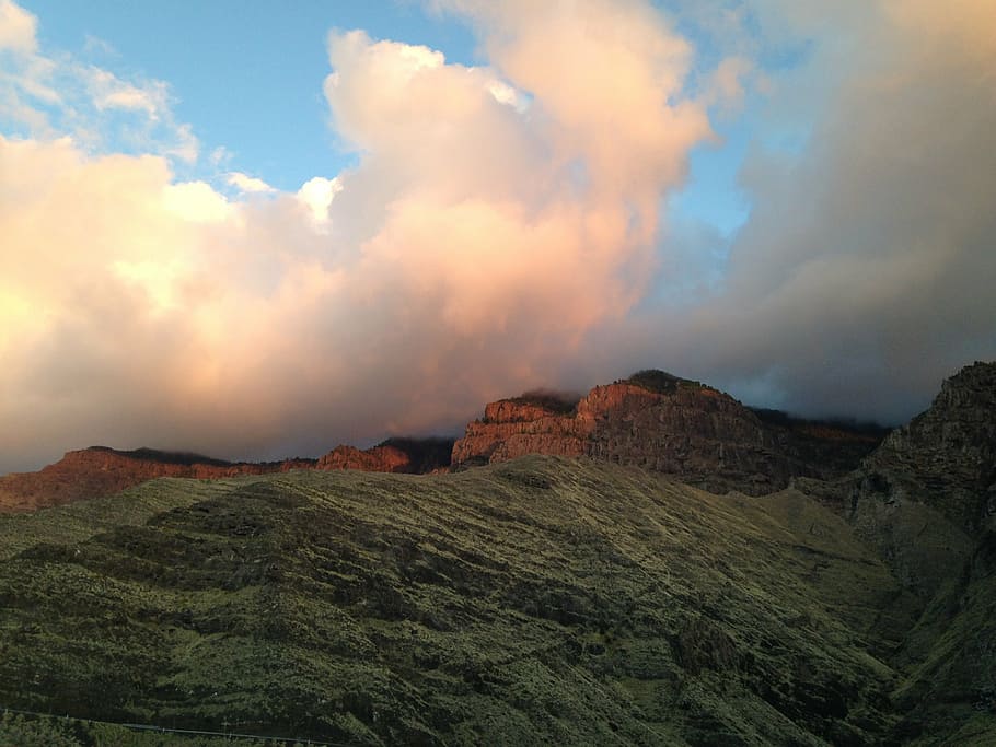 mountain, gran canaria, landscape, clouds, sky, sunset, nature HD wallpaper