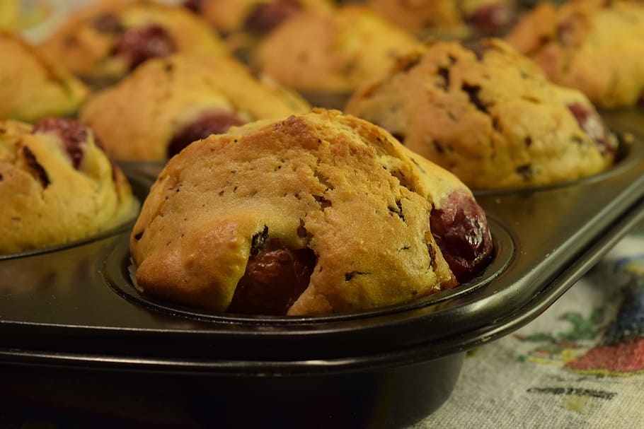 Muffin, Cherry, Baked, Warm, cherry muffin, frisch, food, baked goods HD wallpaper