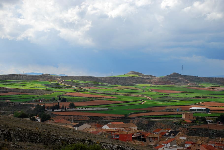 landscape, spain, fields, cultivation, people, houses, rural landscape HD wallpaper