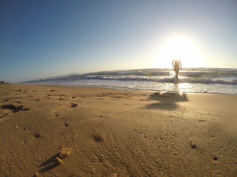 sea, sand, sun, sky, man, land, beach, water, beauty in nature HD wallpaper