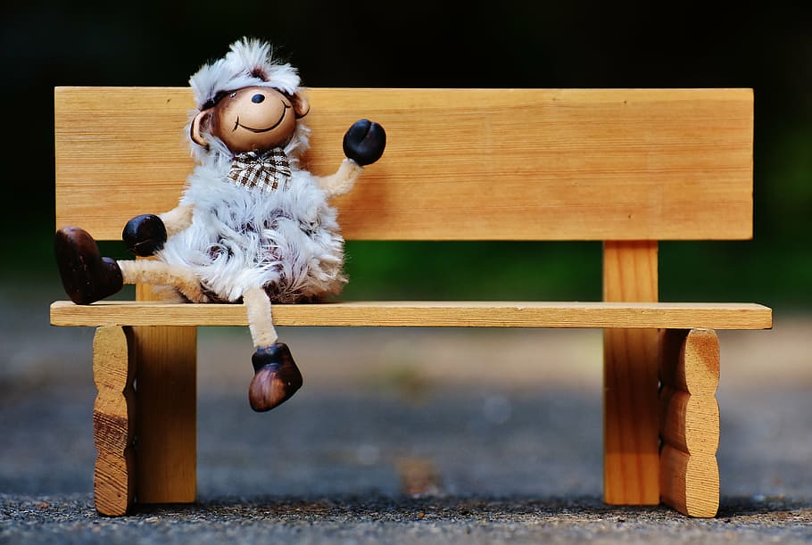 monkey doll sitting on bench, sheep, bank, funny, cute, figure HD wallpaper