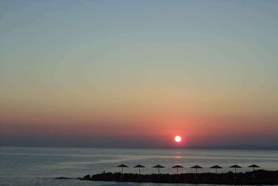 sunset, island, zakynthos, sky, sea, water, horizon over water HD wallpaper