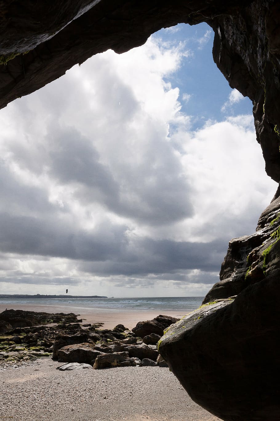cave, output, opening, sea, clouds, water, sky, landscape, nature HD wallpaper