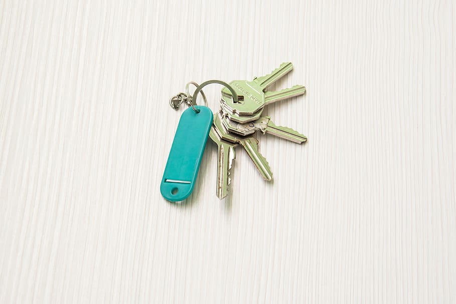 grey keys and green plastic tag, home, door keys, house, estate