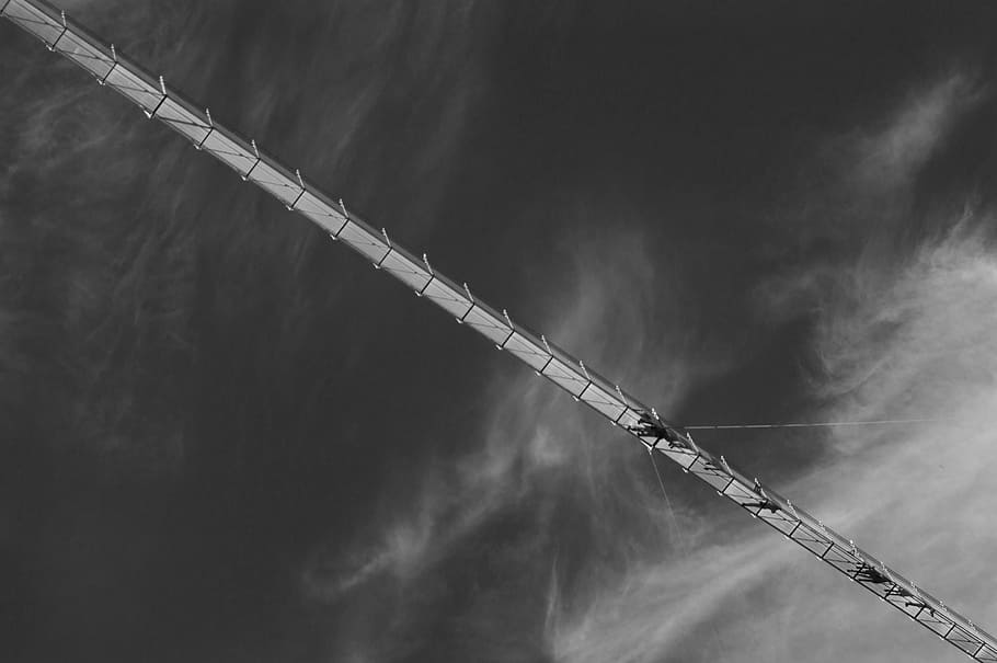 black and white, clouds, sky, bridge, crane - construction machinery HD wallpaper