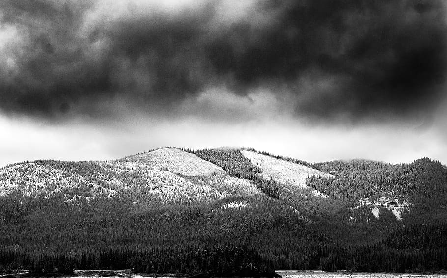 Grayscale Photo of Mountain, black and white, clouds, daylight HD wallpaper