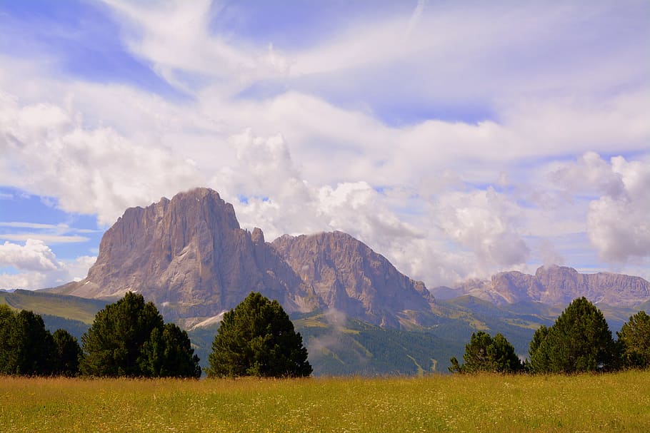 dolomites, mountain, prato, trees, rock, clouds, cloudy, sky HD wallpaper