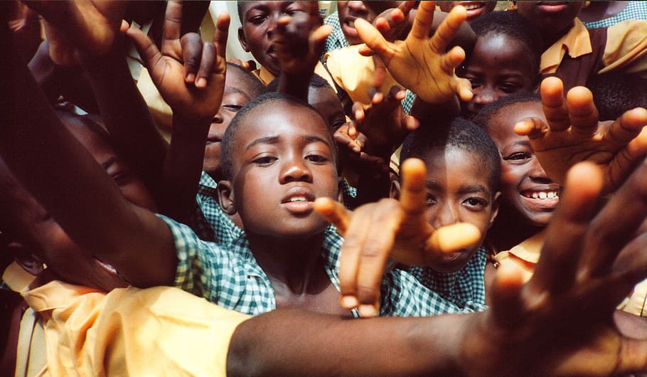 children, group, village, africa, hands, group of children