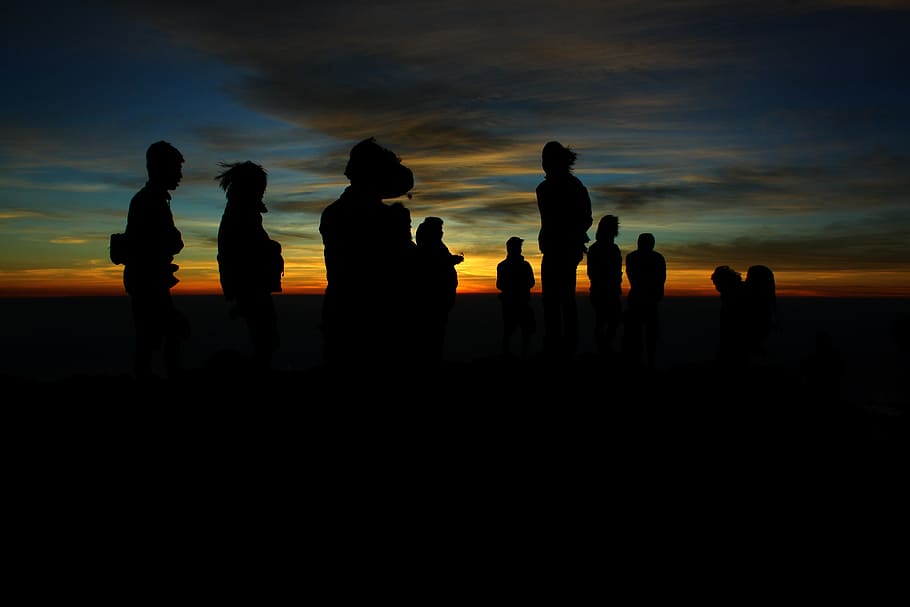 group of people standing during golden hour, silhouette, sunset, HD wallpaper