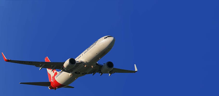 white and red airplane, flight, wing, aircraft, jet, sky, blue sky HD wallpaper
