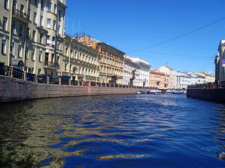 river, moyka, buildings, sky, blue, peter, russia, architecture HD wallpaper