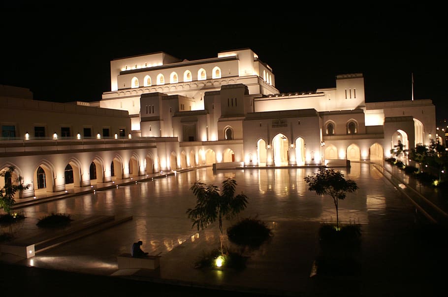 white painted building, oman, muscat, opera, night, architecture HD wallpaper