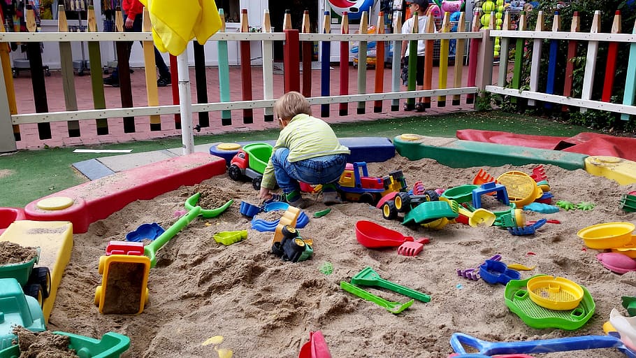 child, sand pit, play, colorful, digging, summer, real people, HD wallpaper