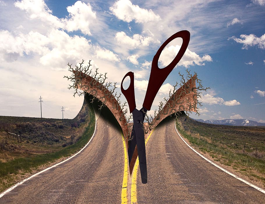 big scissors cutting road, sky, cloud, highway, roots, weather HD wallpaper