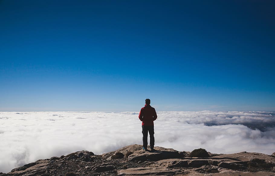 man near cloudy sky during daytime, peak, mountain, view, landscape HD wallpaper