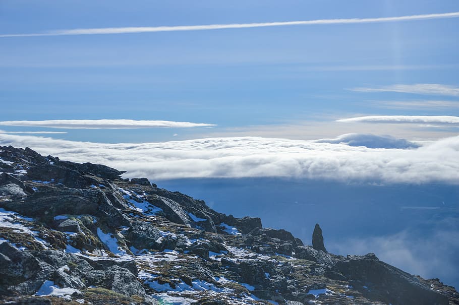 blue and gray mountain, aerial, view, snow, covered, daytime HD wallpaper