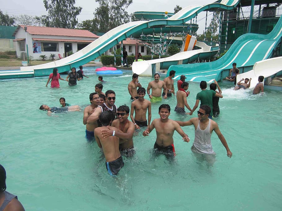 pool, swimming pool, fun, water, game, childhood, play, water slides HD wallpaper