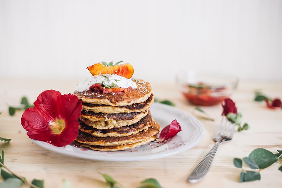 pancakes on plate beside fork, This one are awesome., breakfast HD wallpaper