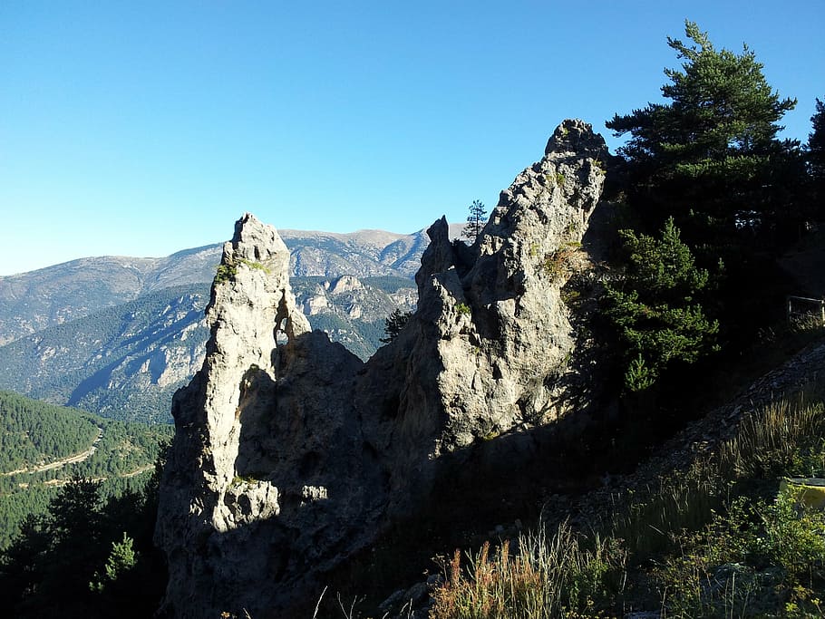 mountain, rocks, forest, nature, landscape, outdoors, summer HD wallpaper