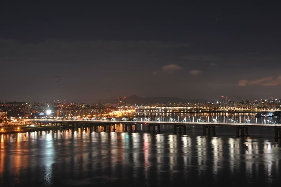 motion bridge, night view, han river, seoul, building exterior, HD wallpaper