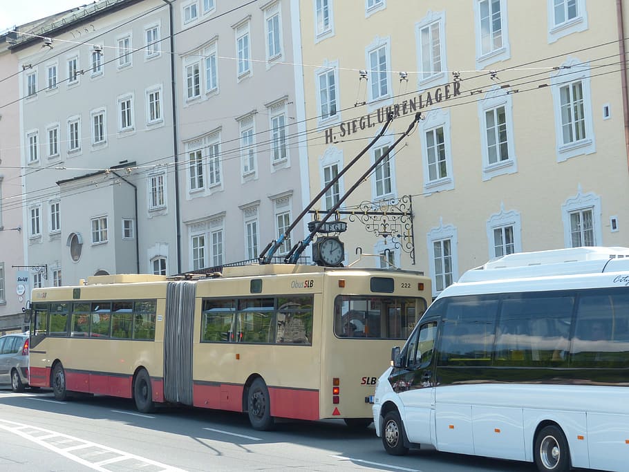 beige and red bus near beige painted building, trolley bus, traffic, HD wallpaper