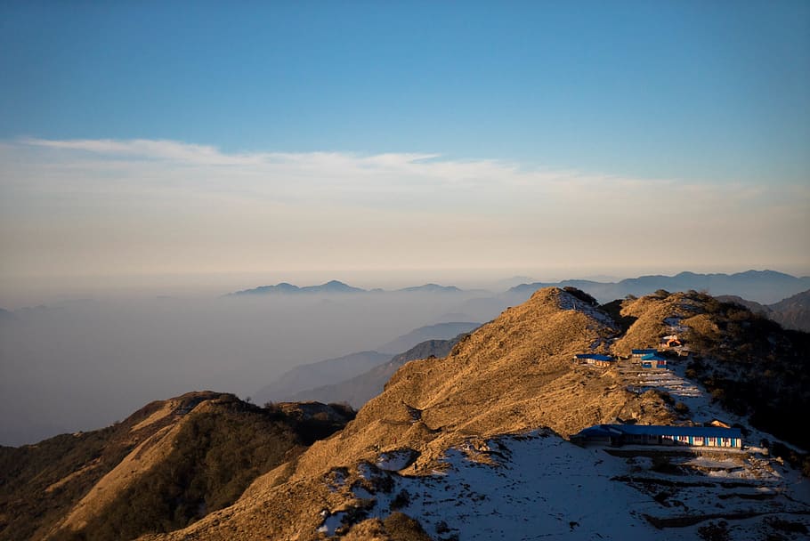 mountain, highland, peak, summit, landscape, blue, sky, clouds HD wallpaper